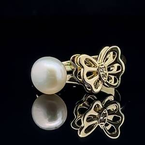 Shimmering White Pearl & Filigree Butterfly Open Cuff Ring, Adjustable in Size