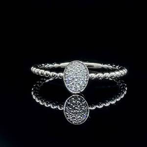 Diamond Oval Pave Bead-Ball Slim & Petite Stackable Ring in White Gold