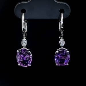 Oval Amethyst & Diamond Dangle Earrings w Lever Backs in 14k White Gold