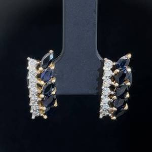 Marquise Blue Sapphire & White Diamond Double Row Cluster Earrings in 14k Yellow Gold
