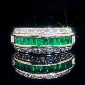 1.65 Carat Natural Emerald & Diamond Channel Triple Row Ring in 14k White Gold, Diamond F- Color, Hallmark Stamped $3,990 Retail VIDEO