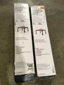 Lot of 2 Hampton Bay Stockton 11 ft. x 11 ft. Brown Outdoor Patio Pop-Up Canopy with Netting    Customer Returns See Picture