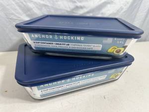 lot 121 image: 2 New Anchor Hocking Glass Cooking  Storage Containers with Lids