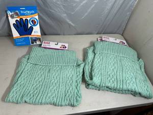 lot 228 image: New Dog Hair Brush Mitt and 3 New XL Dog Sweaters