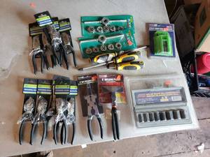 Lot of Tools - Sockets, Welding Pliers, Linesman Pliers, Side Cutters, Die Sets, Phillips Screwdrivers, Hook Blades