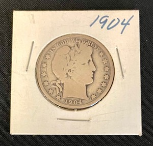 4 United States Liberty Head Half Dollar Coins from 1904, 1905, 1906 and 1907