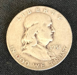 4 Benjamin Franklin Half Dollar Coins from 1951, 1958, 1961 and 1962