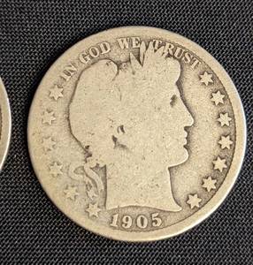 1912 and 1905-S Silver Barber Half Dollar Coins