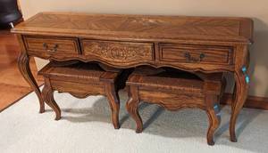 Vintage Wood Console Table and Matching Stools