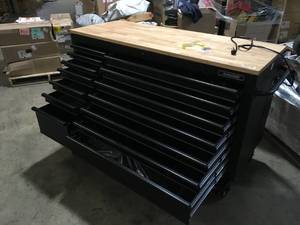 Husky 62 in. W x 24 in. D Heavy Duty 14-Drawer Mobile Workbench Cabinet with Adjustable Height Wood Top in Matte Black DamagedCustomer Returns See Pictures