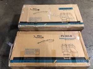 lot 13 image: PHI VILLA Black Rattan Wicker 3 Seat 3-Piece Steel Outdoor Patio Sectional Set with Blue Cushions and Coffee Table Customer Returns See Pictures