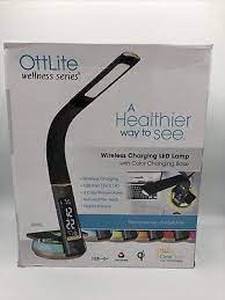 lot 50 image: OttLite LED Desk Lamp with Clock and Wireless Charging Station Black