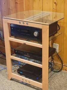 lot 36 image: Sanus Systems Blonde  Glass Industrial Chic Stereo Cabinet