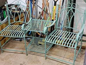 lot 46 image: Metal Patio Table Set with Two Chairs and an Umbrella Table