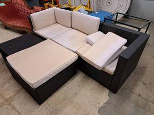 lot 58 image: Patio Furniture Set - 3pc Sectional Sofa, Glass-Top Table, Foot Rest