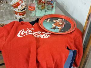 lot 369 image: Lot of (3) Coca-Cola Memorabilia - Sweatshirt, Platter, Pop Bottle