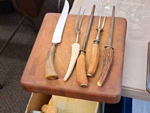lot 397 image: Wood Cutting Board, Two Knife Sharpeners, Two Forks, Steak Knife