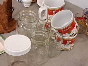 lot 367 image: Lot of (10) Dishwares - Various Mason Jars, Cambells Soup Mugs