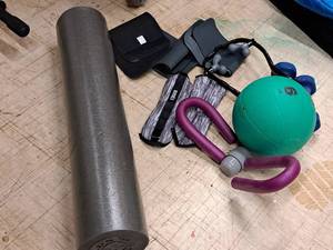 lot 16 image: Lot of (8) FitnessExercise Equipment - Roller Mat, 6# Ball, Thigh Master, Dumbells, Bands