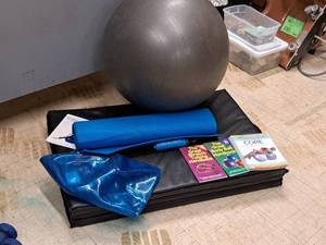lot 17 image: Lot of (9) FitnessExercise Equipment - (2) Balls, Yoga Mat, Exercise Mat, (4) Exercise Books, Pump