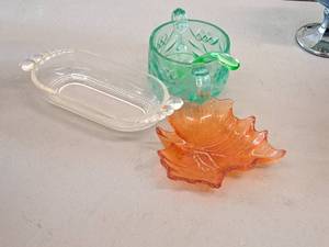 lot 288 image: Lot of (4) Glasswares - Butter Dish, Serving Bowl with Spoon, Leaf Candy Dish