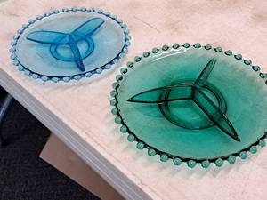 lot 414 image: Lot of (2) Glass Beaded-Edge3-section Serving Platters