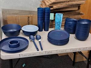 lot 443 image: Plastic Dishware Set 60-piece - Plates, Bowls, Cups, Serving Bowls, Serving Spoons