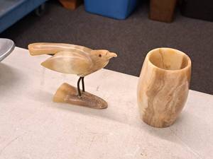 lot 454 image: Lot of (2) Home Dcor - Handmade Bird From Antler, Marble Vase