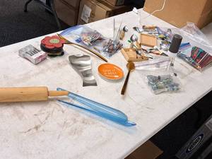 lot 501 image: Lot of  Assorted Kitchenwares - Wood Rolling Pin, Blue Plastic Serving Spoons, Sword Picks, Small Wood Handle Sporks, Various Utensils