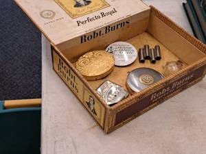 lot 527 image: Vintage Cigar Box with Bambu Alcoy Case, Gold Case, Jesse James Days 1994, Silver Case, Music Pipe