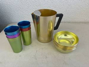 lot 14 image: Aluminum Pitcher, Glasses & Bowls