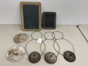 lot 104 image: Vintage Wire Candle Holders, Edison Primary Batteries & Slate Boards