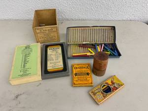 lot 105 image: Vintage Wood Crayons Box & Crayons