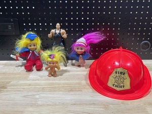 Vintage Troll Dolls, WWE Paul Wright Figure, Tim Mee Fireman Helmet