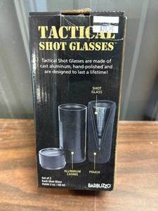 lot 32 image: Cast Aluminum 2pc Tactical Shot Glasses Set