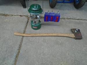 lot 113 image: Coleman lantern has no glass & splitting axe. As shown.