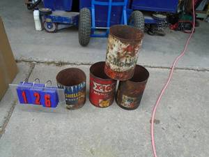 lot 126 image: Qty of 4 vintage oil company tin cans. No tops. As shown.