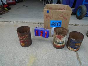 lot 127 image: Qty of 3 vintage oil company tin cans. No tops. As shown.