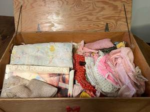 Wood Box Full of Dolls & Doll Clothes