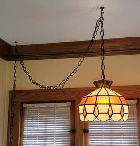 lot 20 image: Stained Glass Hanging Light Fixture  Amber and Cream Slag Glass