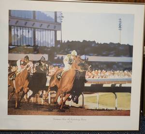 lot 176 image: Framed Terrence Fogarty Print Clubhouse Turn at Canterbury Downs