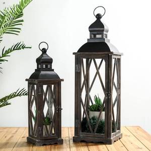 Glitzhome Set of 2 Farmhouse Wooden Lanterns Diamond Window Frame Candle Holder 6941327111557