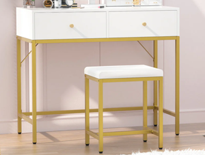 SUPERJARE Vanity Set with Stool & Tri-fold Lighted Mirror for Girls, Women - White and Gold 7931G