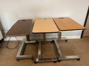 WOW $$$$ Lot of 3 Medline Height Adjustable Overbed Bedside Tables with Mobility Wheels, Pull-out Medicine Tray, and Compact Mirror On One All Good Condition