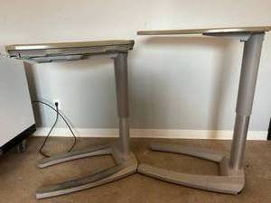 WOW $$$$ Lot of 2 High Quality Stryker Trufit Height Adjustable Overbed Bedside Tables with One That Has A Split Top For Extra Space Plus Pull-out Medicine Tray and Compact Mirror - Good Condition