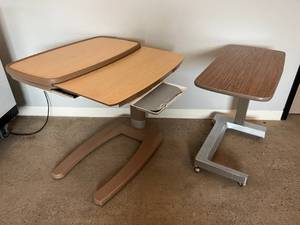 2 Overbed Tables Including Amedco Height Adjustable Overbed Bedside Table &amp Stryker Trufit Split Top Overbed Table with Pull-out Medicine Tray and Compact Mirror