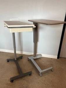 Lot of 2 Height Adjustable Overbed Bedside Tables with Mobility Wheels,1 With Split Top Pull-out Medicine Tray, and Compact Mirror