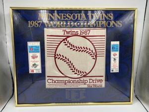 lot 15 image: Minnesota Twins 1987 World Series Champions Framed Homer Hanky and Game 2 World Series and Game 2 American League Championship Series Ticket Stubs
