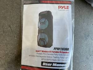 lot 110 image: Pyle 600W Rechargeable Portable Outdoor Bluetooth PA Speaker System with Dual 8 Subwoofer 1 Tweeter, Microphone, Party Lights and Remote