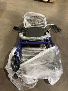 lot 158 image: Medline Blue Steel Folding Rollator Walker With 8 Inch Wheels and Adjustable Arms
